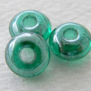 Large hole Czech glass rondelle 11mm Green luster, 8pcs