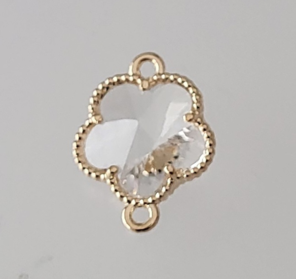 Gold plated glass clover link clear, 15.5x12x5mm